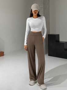 DAZY Women High-Waisted Cropped Wide Leg Pants With Crossed Waistline Summer - Coffee Brown - View 3