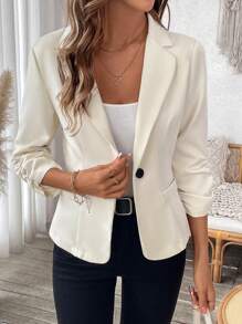 EMERY ROSE Women's Casual Commute Blazer Jacket With Gathered Sleeve Cuffs, Spring Autumn - Apricot - View 4