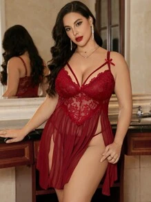 Plus Size Sexy Charming Bowknot Lace Lingerie - Burgundy - View 4