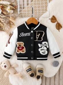 Baby Boy Letter & Bear Embroidery Casual Sport Baseball Jacket, Spring Autumn, Baby Boy Bomber Jacket - Black - View 3