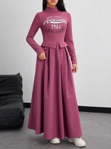 Mulvari Vestido maxi modesto de manga larga con cuello alto, estampado con letra, sencillo y sobrio para mujer
