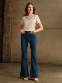 Anewsta Áo thun đơn giản đính đá Rhinestone giản dị dành cho nữ - Màu be - Xem 4