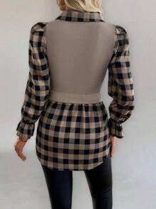 SHEIN Clasi 休闲领撞色格子长袖衬衫 - 咖啡棕 - 查看 2