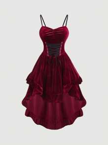 SHEIN MOD Vestido midi de terciopelo burdeos de corte asimétrico para tallas grandes, disfraz - Rojo - Ver 1