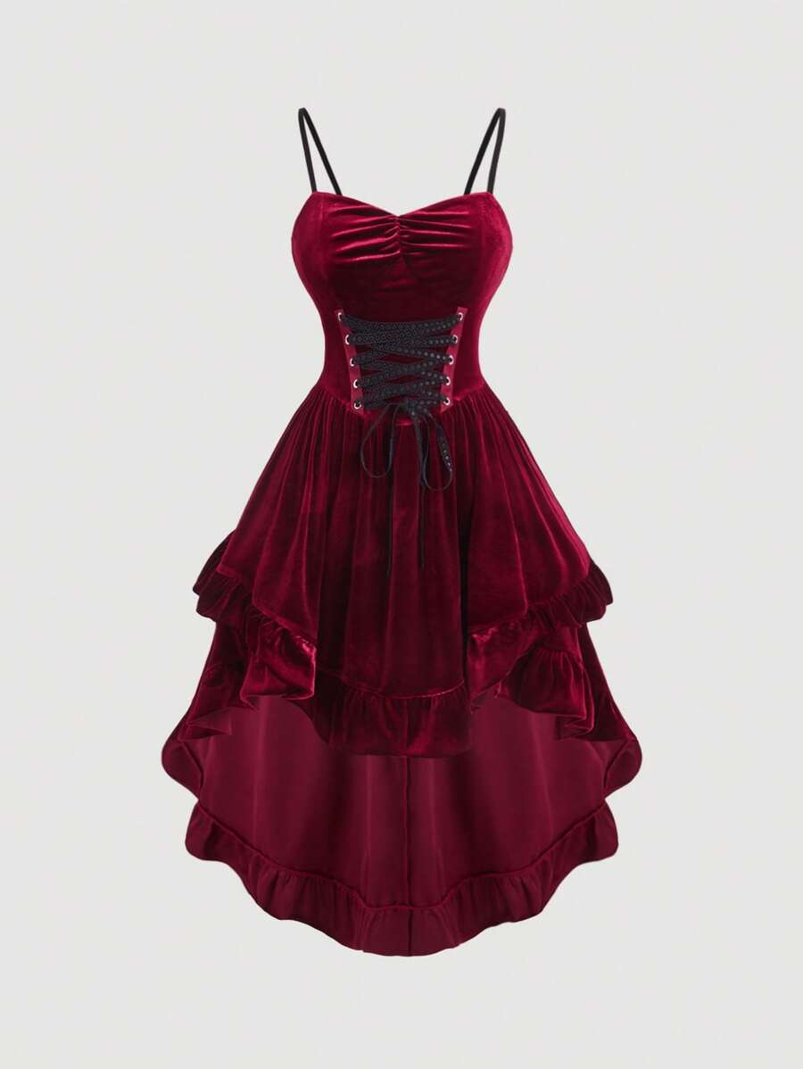 SHEIN MOD Vestido midi de terciopelo burdeos de corte asimétrico para tallas grandes, disfraz - Rojo - Ver 1