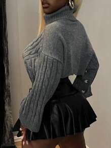 Zolique New Design Sexy & Simple Grey Cable Knit Loose Fit Oversized Button Cuff Ladies Sweater Knit Pullover Fall Winter Outfit