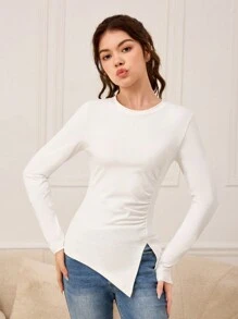 2 chiếc/bộ áo thun dài tay dệt kim màu trơn không đối xứng thanh lịch cho bé gái tuổi teen, 2 màu - Nhiều màu - Xem 9