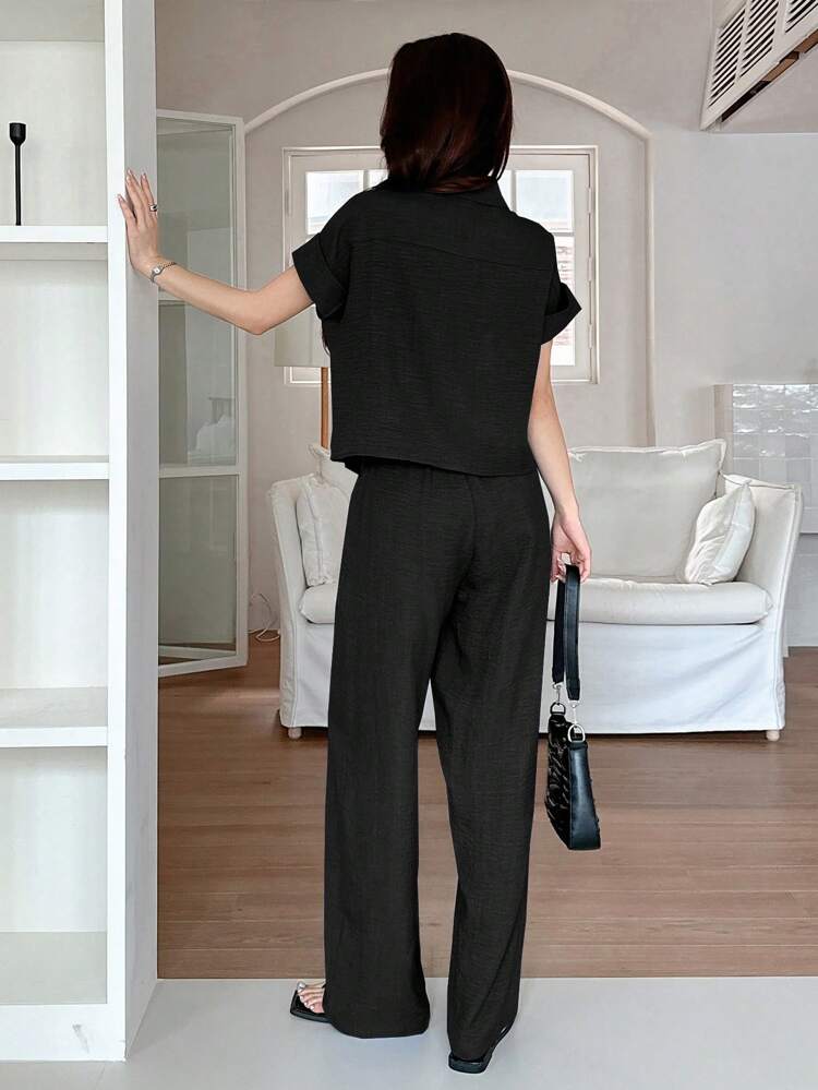 2pcs Women's Solid Color Button Front Shirt And Pocket Decorated Wide Leg Pants Set Lounge Sets For Women