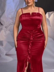 Glamrae Plus Size Red Sequin Panel Bustier Embellished High Split Mermaid Hem Elegant Formal Gown, Wedding Event Dress, Prom Evening Dress, For Wedding Guest, Graduation, Dinner