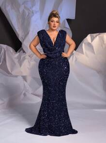 Glamrae Plus Size Elegant Women Deep V-Neck Rhinestone Chain Champagne Mermaid Evening Dress,Formal Prom Gown,Wedding Guest,Navy Blue,Spring,Party,Prom - Navy Blue - View 3