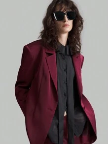 Ontre Bộ đồ vest nữ 2 món, áo khoác Angora dáng rộng màu đỏ và chân váy midi, trang phục công sở thanh lịch - Gỗ đỏ - Xem 7