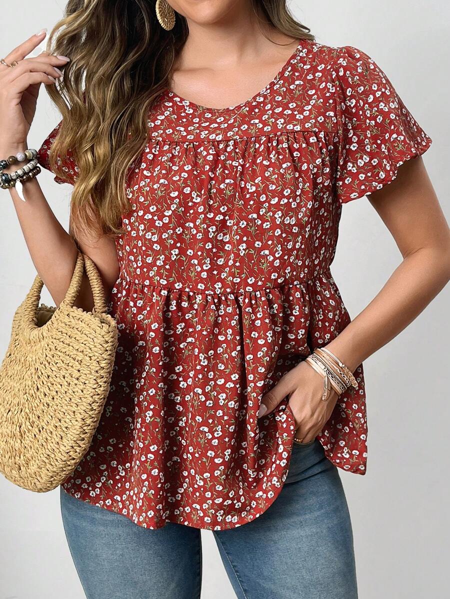 EMERY ROSE Ditsy Floral Print Butterfly Sleeve Peplum Blouse - Burgundy - View 1