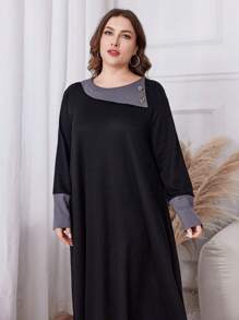 Al Najma Plus Size Textured Fabric Waffle Patchwork Long Sleeve Maxi Dress, Fall/Winter, Casual Modest Tee Dresses, For Casual Daily/At Home