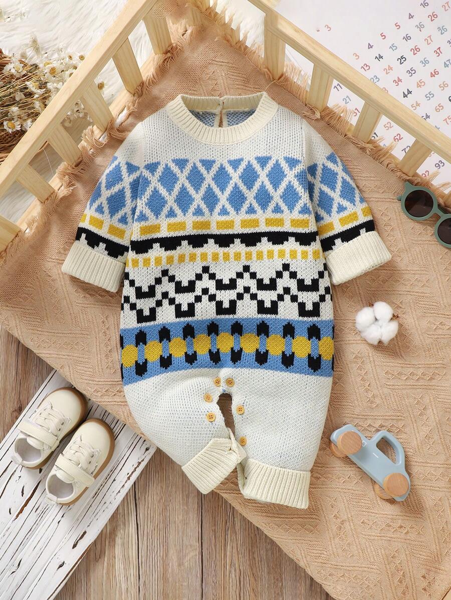 Bộ đồ liền thân cổ tròn tay dài cổ điển Fair Isle dành cho trẻ sơ sinh, vải mềm mại và ấm áp, thiết kế thay tã dễ dàng, trang phục thời trang và tiện dụng cho trẻ sơ sinh - Màu be - Xem 1