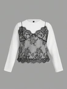 SHEIN MOD Camiseta casual de manga larga de 2 en 1 con parche de encaje de talla grande para mujeres, otoño e invierno