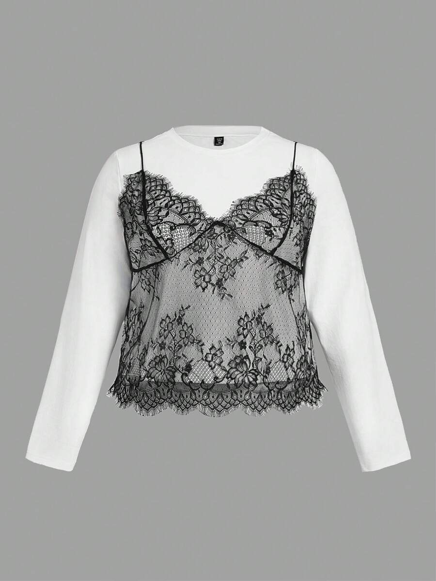 SHEIN MOD Plus Size Lace Patchwork 2 In 1 Long Sleeve Casual T-Shirt For Women, Autumn & Winter - Black and White - View 1