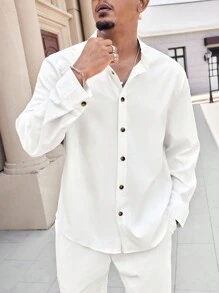 Manfinity CasualMax 大码男士纯色长袖衬衫和裤子套装，春秋 - 白色 - 查看 2