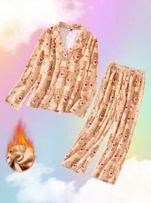SHEIN X Care Bears 棕色法兰绒长袖睡衣套装，可爱甜美风格，温柔小熊，秋冬 - 棕色 - 查看 4