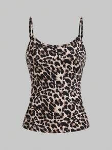 SHEIN Essnce Conjunto de 3 trajes de mujer que incluye: chaleco de traje de mujer, abrigo base de otoño con estampado de leopardo, top de tirantes espagueti negro, top de tirantes espagueti blanco. Estos tops de tirantes espagueti se pueden usar por dentro. Ropa de otoño para mujer con estampado de leopardo y tops de tirantes espagueti. Ropa de otoño para mujer talla grande con atuendos de Halloween.