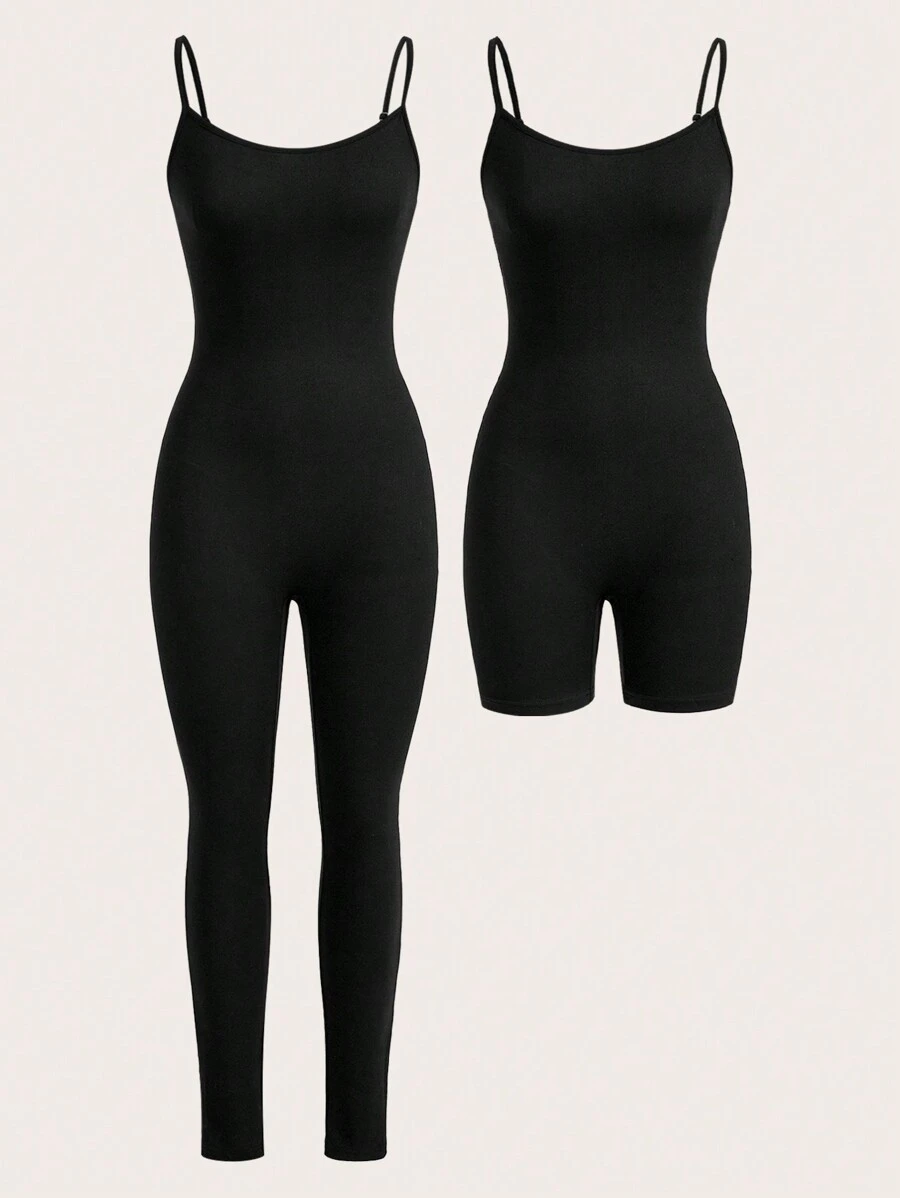 SHEIN Essnce  Women's Summer New Free People Women Jumpsuits Back To School Clothes Workout Women Sets Teacher Clothes Business Professional Tights Pride Outfits Sweatpants Business Casual Clothes Set Leggings Going Out Sets Airport Outfit Biker Shorts Women Rompers Leggings Fashion Casual Sports Black 2-Piece Cami Shorts And Trousers Bodycon Jumpsuit - Black - View 1