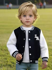 SHEIN Áo khoác dài tay in họa tiết sọc cổ Varsity cho bé trai màu tương phản phía trước - Đen và trắng - Xem 8