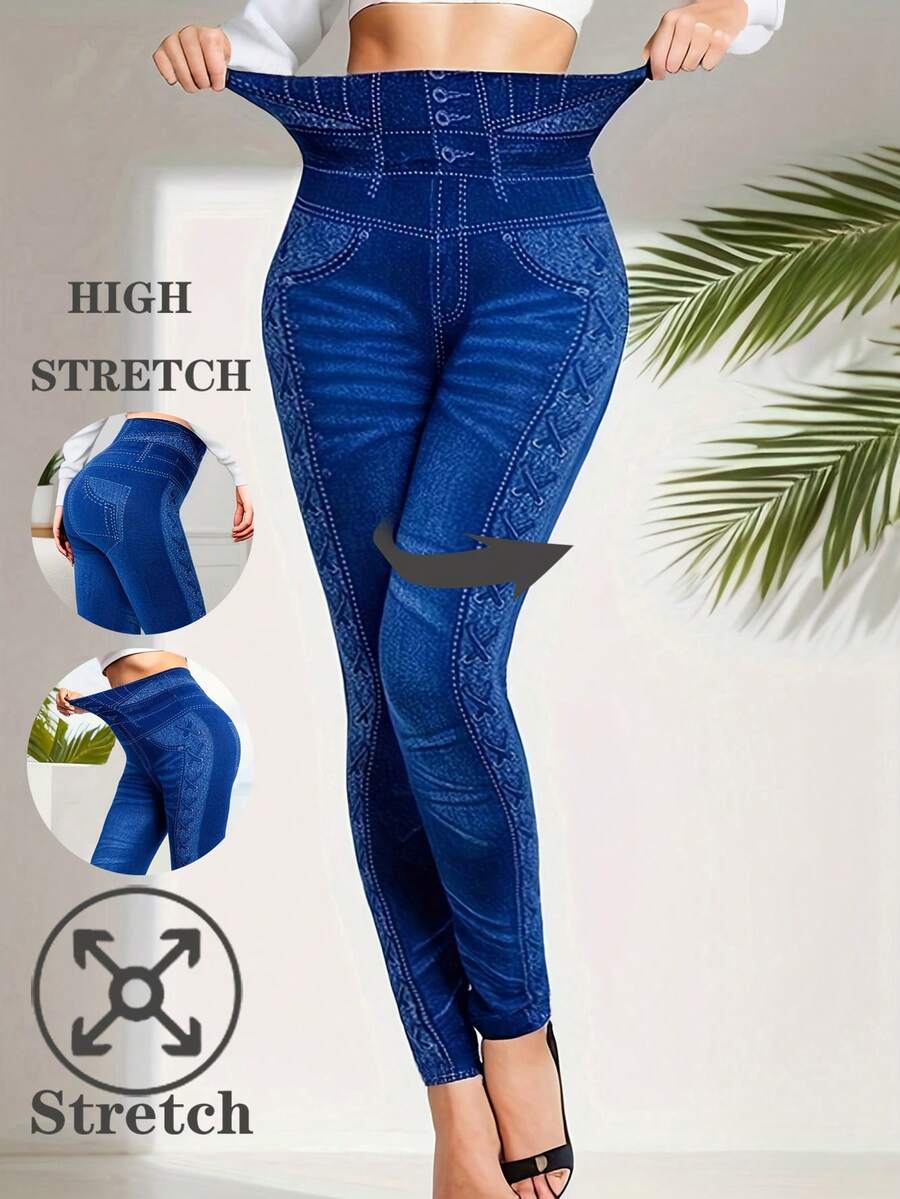 Women's Fashion Casual Sports Leggings With Blue Side High Waist Drawstring Pattern Print Denim Effect Slim-Fit High Stretch Soft Comfortable For Home Exercise Yoga Fitness Outdoor Activities Travel Walking - Blue - View 1
