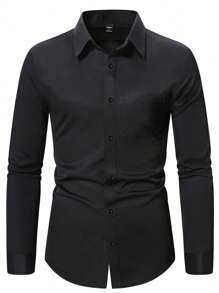 Manfinity Mode 男士朴素简约日常长袖黑色衬衫，黑色正装衬衫，秋季 - 黑色 - 查看 7