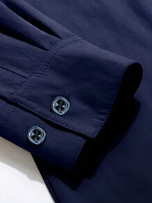 Manfinity Homme Men's Solid Color Front Button Closure Long Sleeve Minimalist Pocket Shirt - Navy Blue - View 3