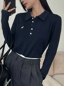 DAZY 女式纯色纽扣前长袖印花休闲T恤，返校服 - 藏蓝色 - 查看 4