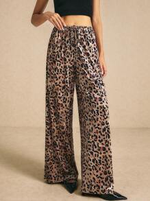 Poéselle Pantalones casuales de mujer con estampado de leopardo y anudado delantero, pantalones palazzo