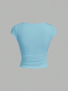 SHEIN Essnce 2pcs V-Neck Tight-Fitting Casual Ruched Waist Short Sleeve T-Shirts For Women