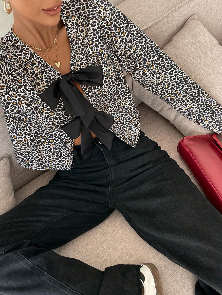 SHEIN Frenchy 女士休闲豹纹蝴蝶结衬衫 - 彩色 - 查看 1