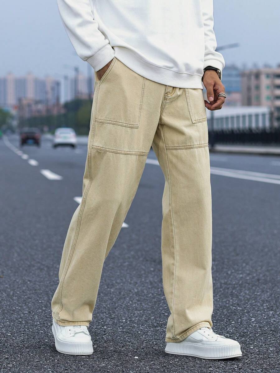 Manfinity Roghcode Quần Jeans Ống Thẳng Stonewashed Thường Ngày Cho Nam - Màu Khaki - Xem 1