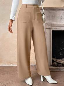 SHEIN LUNE Calças femininas outono/inverno perna reta bambu texturizado com bolsos - Caqui - Ver 6