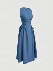 SHEIN MOD Black Date Night Lateral Cross Frenulum Solid Ruched Detail Long Dress - Baby Blue - View 4