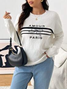 SHEIN Frenchy Suéter holgado de talla grande con bordado y lazo, otoño e invierno