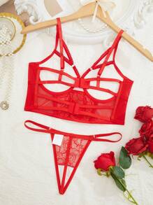 SHEIN Conjunto de lencería sexy con encaje y contraste de malla para mujer