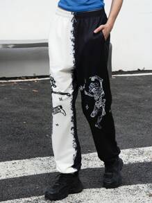 INAWLY Pantalon de jogging avec imprimé crâne bicolore pour femmes - Noir et Blanc - Voir 4