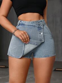 SHEIN EZwear Chân váy denim cài nút bất đối xứng giản dị cho nữ - Màu xanh lam - Xem 3