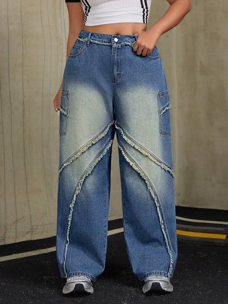 SHEIN ICON 大码前扣磨边下摆多口袋休闲牛仔裤 - 藍色 - 查看 1