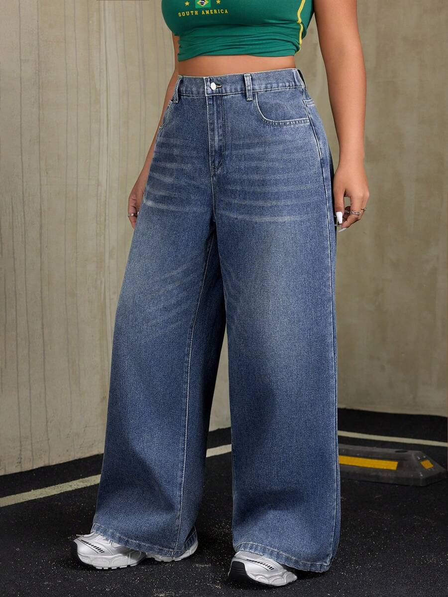 SHEIN ICON 大码休闲破洞直筒牛仔裤 - 藍色 - 查看 1