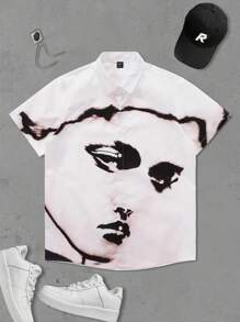 Manfinity Roghcode 男式拼色印花短袖衬衫 - 白色 - 查看 1