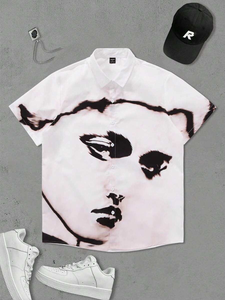 Manfinity Roghcode 男式拼色印花短袖衬衫 - 白色 - 查看 1