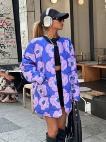 EURMUSE Fashionable All Over Floral Frinted Quilting Jacket - Multicolor - View 1