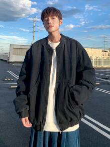 Manfinity Hypemode Men's Black Washed Plain Casual Dark Denim Thermal Lined Baseball Jacket, For Going Out - Dark Grey - View 6