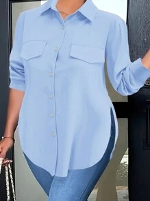Plus Size Women Fashionable Elegant Solid Color Side Slit Shirt - Blue - View 5