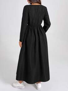 SHEIN PETITE Women's Black Long Sleeve Basic Fashion Dress With Bow Tie At Waist