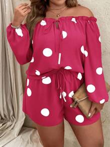 SHEIN LUNE Plus Size Leisure Polka Dot Print Off-Shoulder Blouse And Shorts 2pcs Set