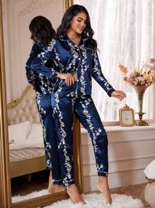 LuxeNights Floral Print Contrast Piping Satin Top & Pants PJ Set / Pajama Set, Fall Winter Clothes Cozy And Elegant Details - Navy Blue - View 6