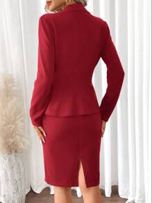 SHEIN Clasi 2 件套女士商务休闲西装外套和中长裙套装，春季/秋季 - 紅色 - 查看 2